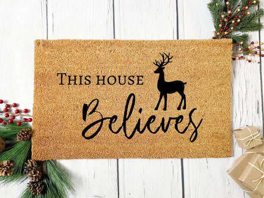 This House Believes Christmas Doormat | Custom Painted Doormat | Reindeer Mat | Home Alone | Welcome Doormat | Front Door Mat | Home Decor