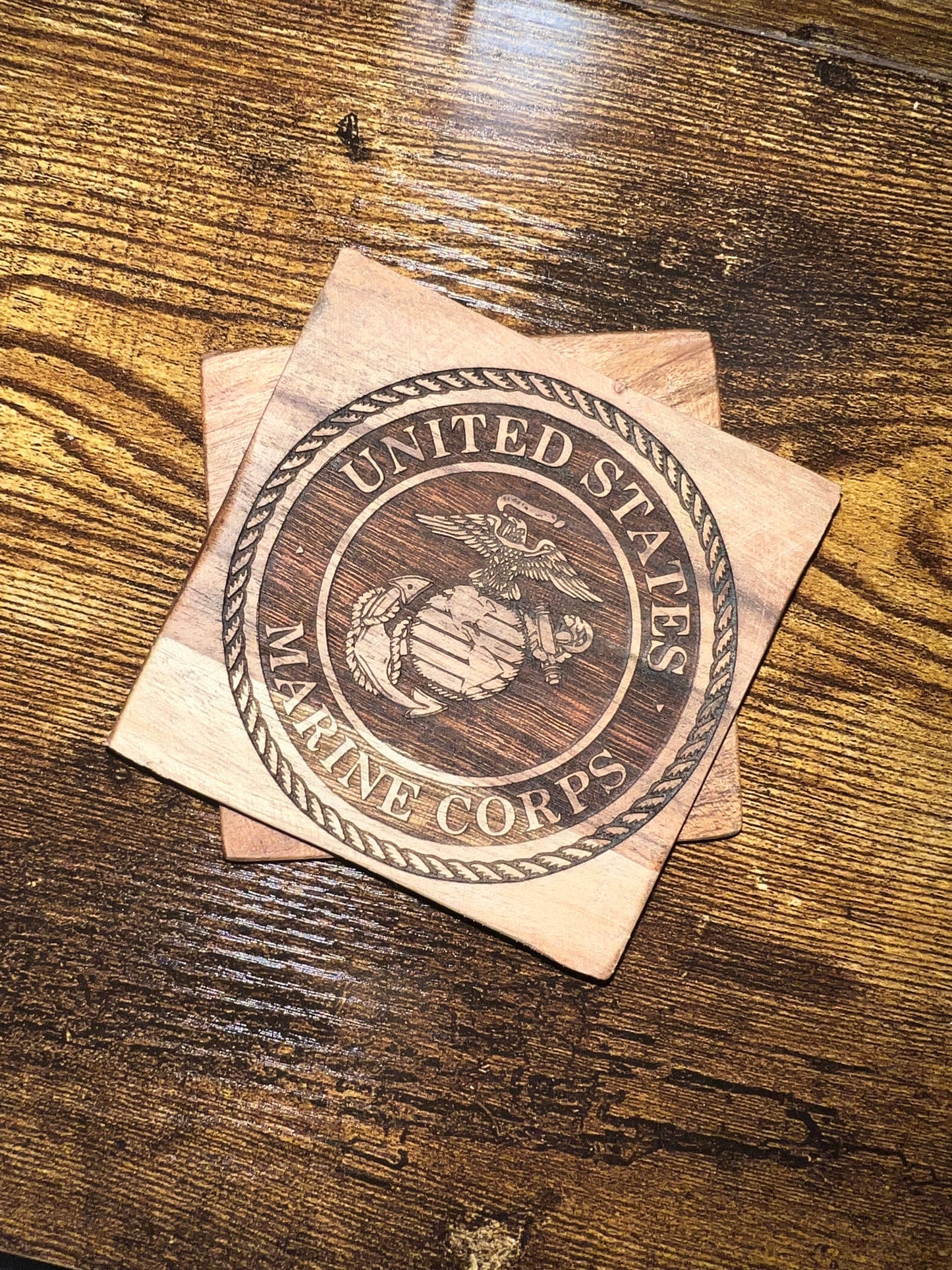 United States Marine Corps Wooden Coasters | Engraved | Set of 4 | Sealed