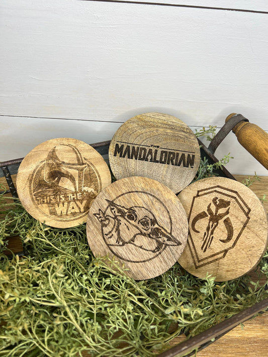 The Mandalorian Wooden Coasters | Engraved | Set of 4 | Sealed